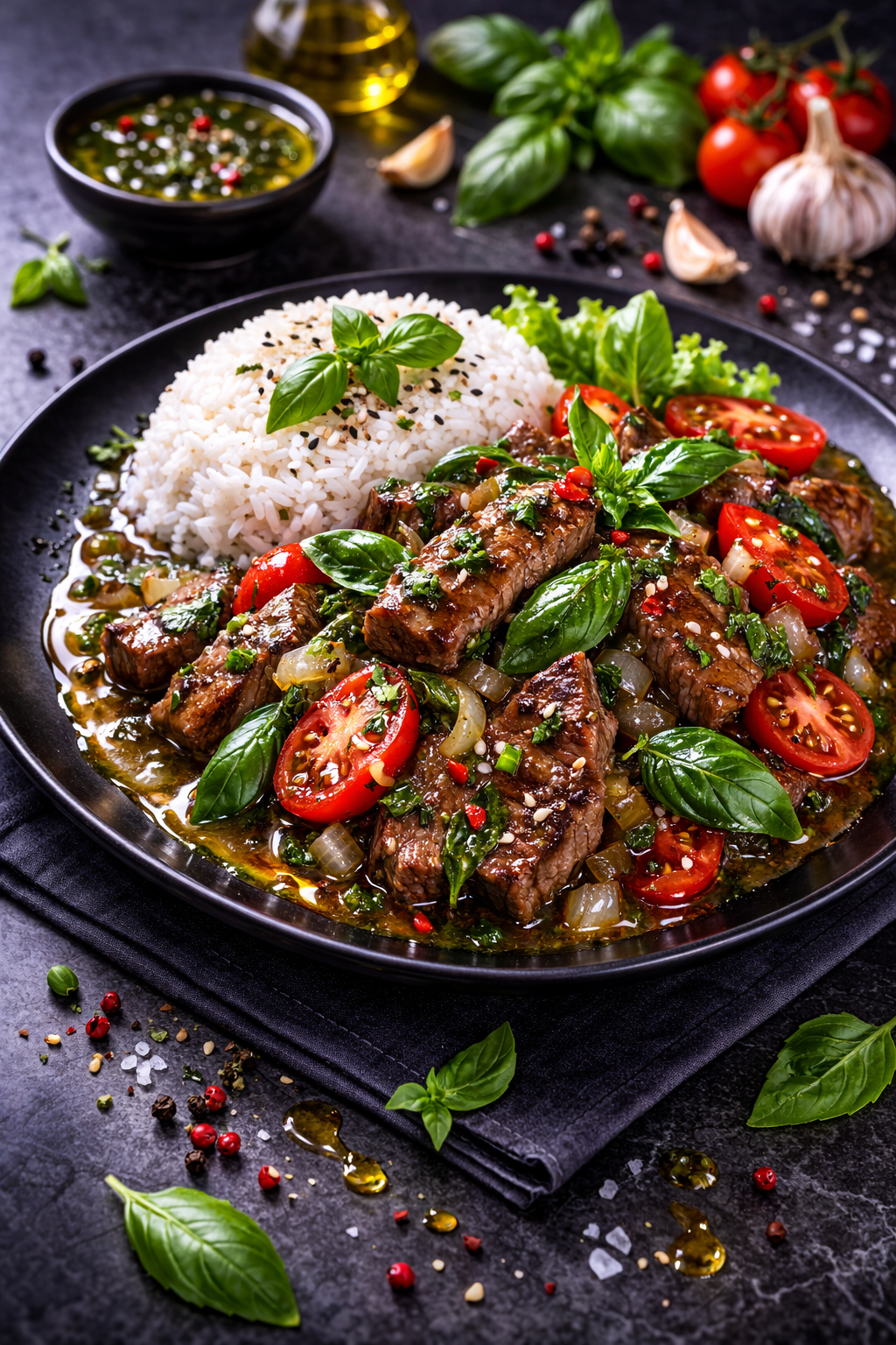 Sauce basilic thaï Thai & Co — bœuf sauté au basilic frais, ail, piment et sauce soja avec riz jasmin