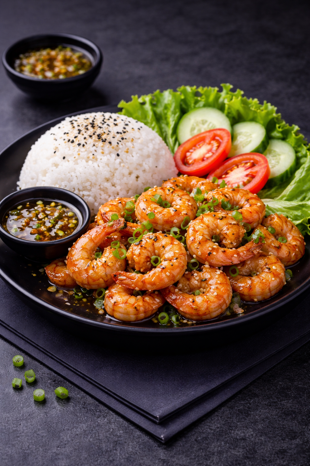Loc Lac crevettes Thai & Co — crevettes marinées sautées au wok, poivre de Kampot, riz jasmin et salade
